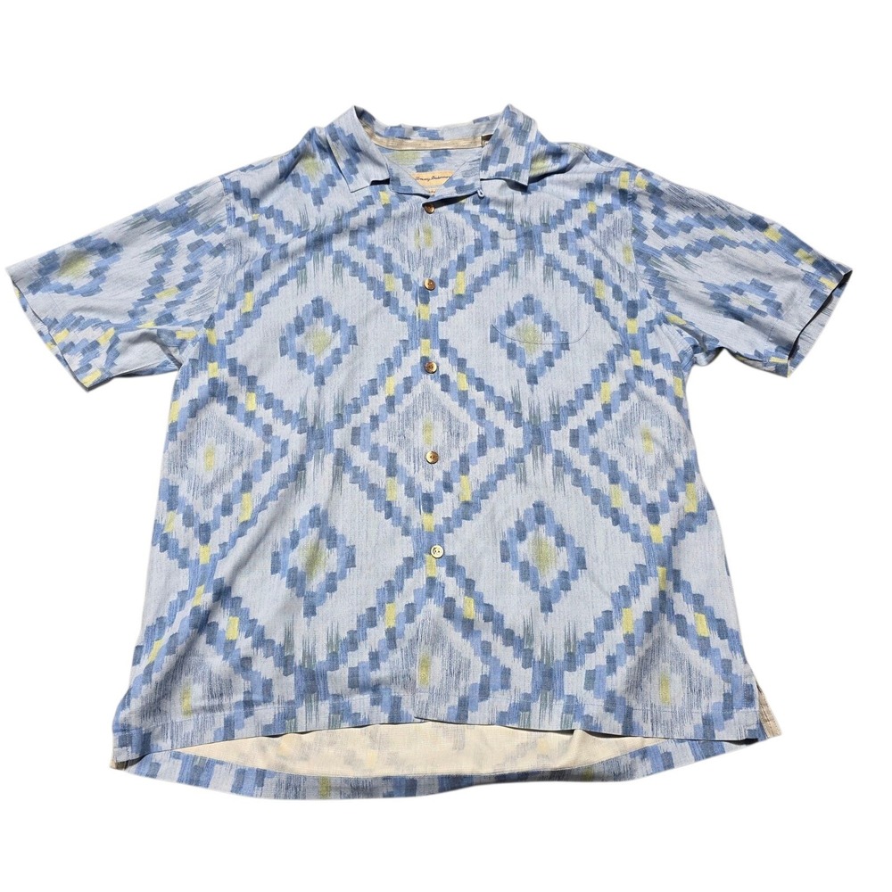 Tommy Bahama Shirt Men XL Blue Geometric Ikat Silk Short Sleeve Button Up Aloha